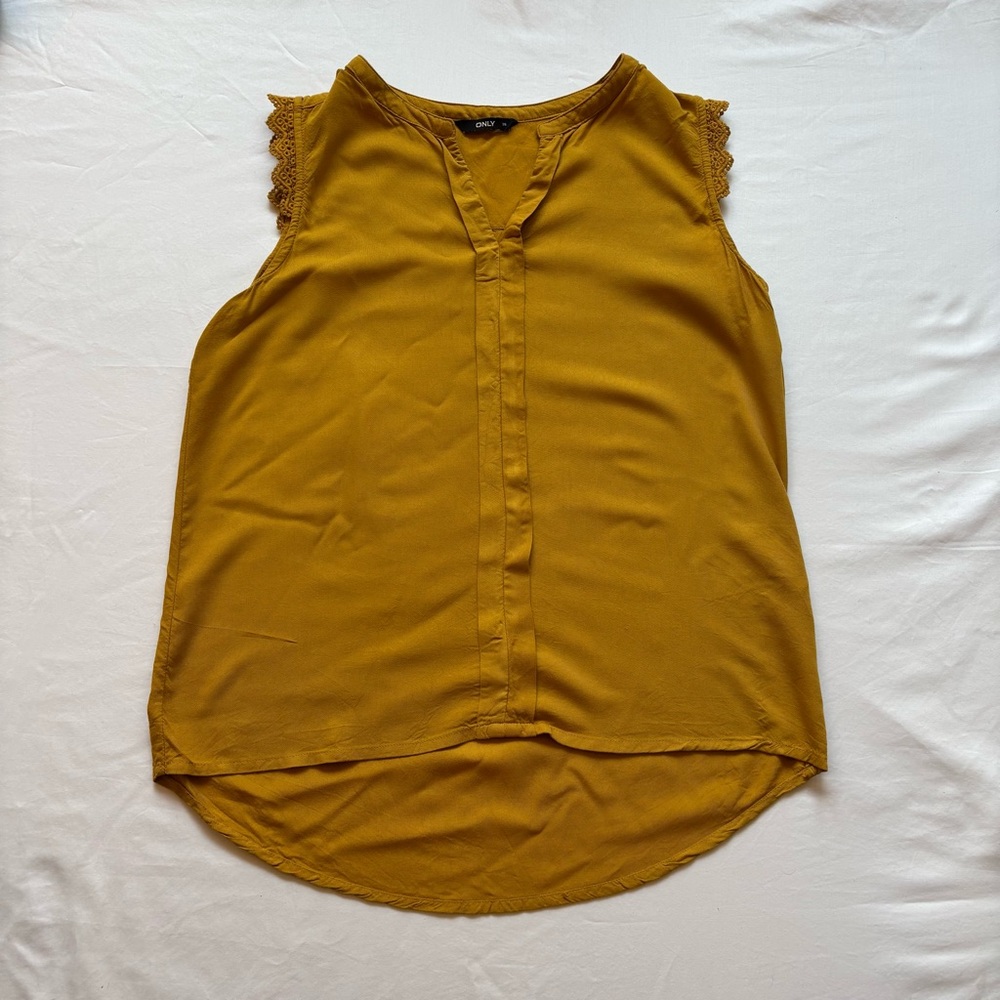 🔥LAST CHANCE🔥 Only Mustard Lace-Trimmed Blouse